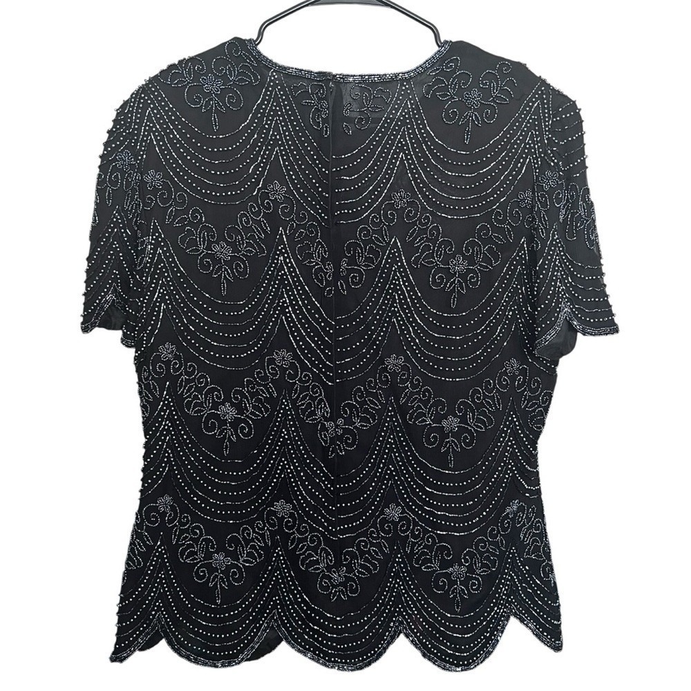 VTG Papell Boutique Evening Beaded Top SZ L Blk/Grey Wedding Party Glam Retro - Picture 2 of 10
